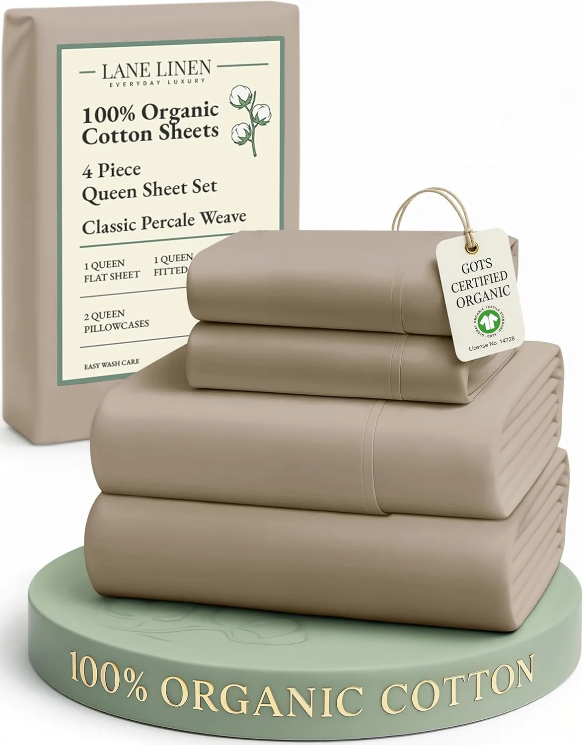 LANE Linen 100% Organic Cotton Sheets Set Pure Long- Staple Percale Weave